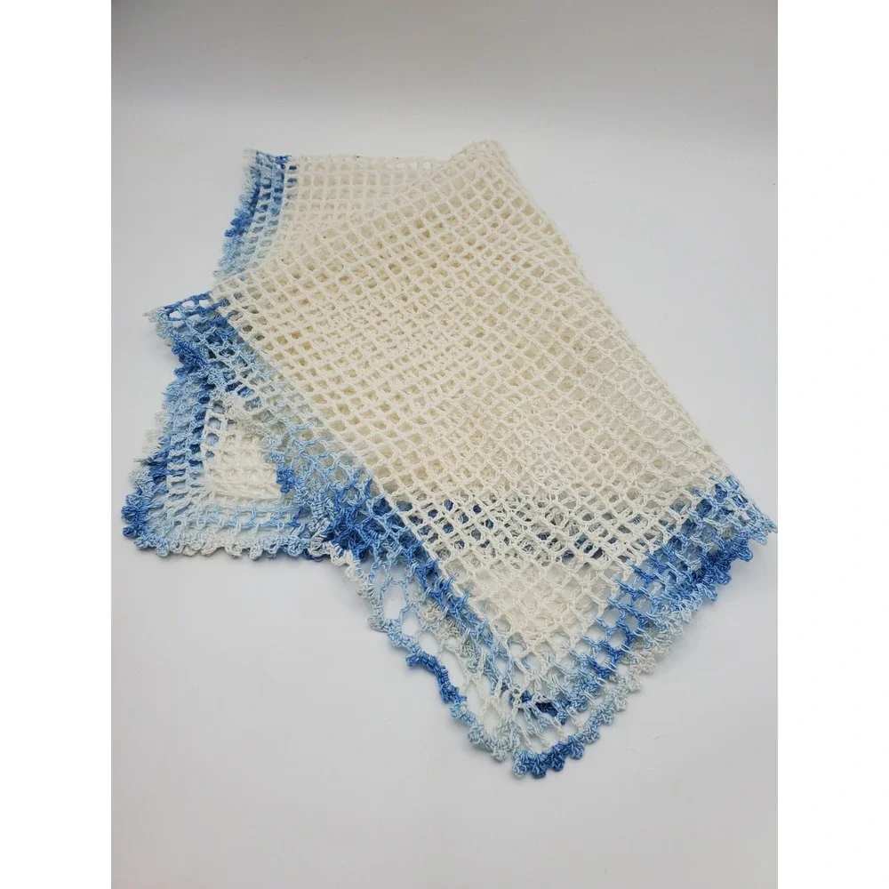 Vintage Filet Crochet Table Runner or Doily- Blue Scalloped Border 12x18